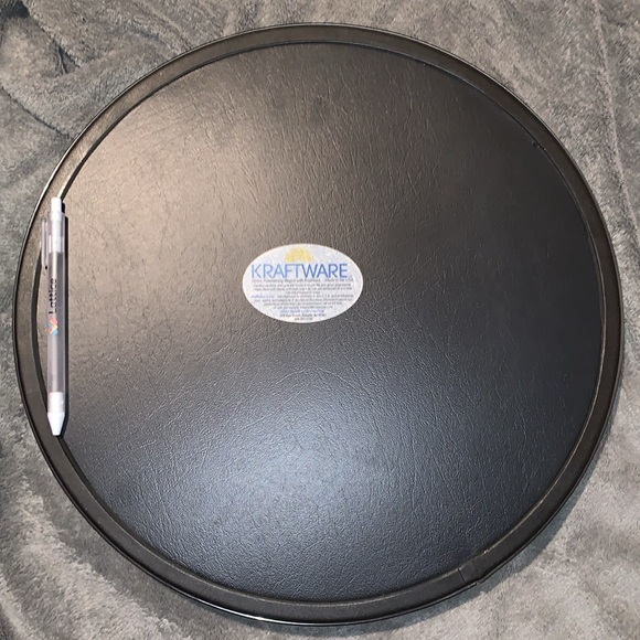 GORGEOUS Kraftware Black Leather Strapped Brushed Silver Chrome Rim Round Tray. - Picture 5 of 5
